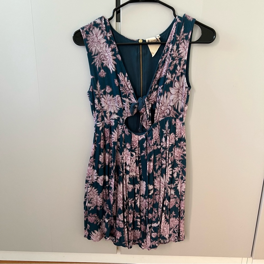 Floral Print V-Neck Tie Front Mini Dress Summer Sun Dress S
